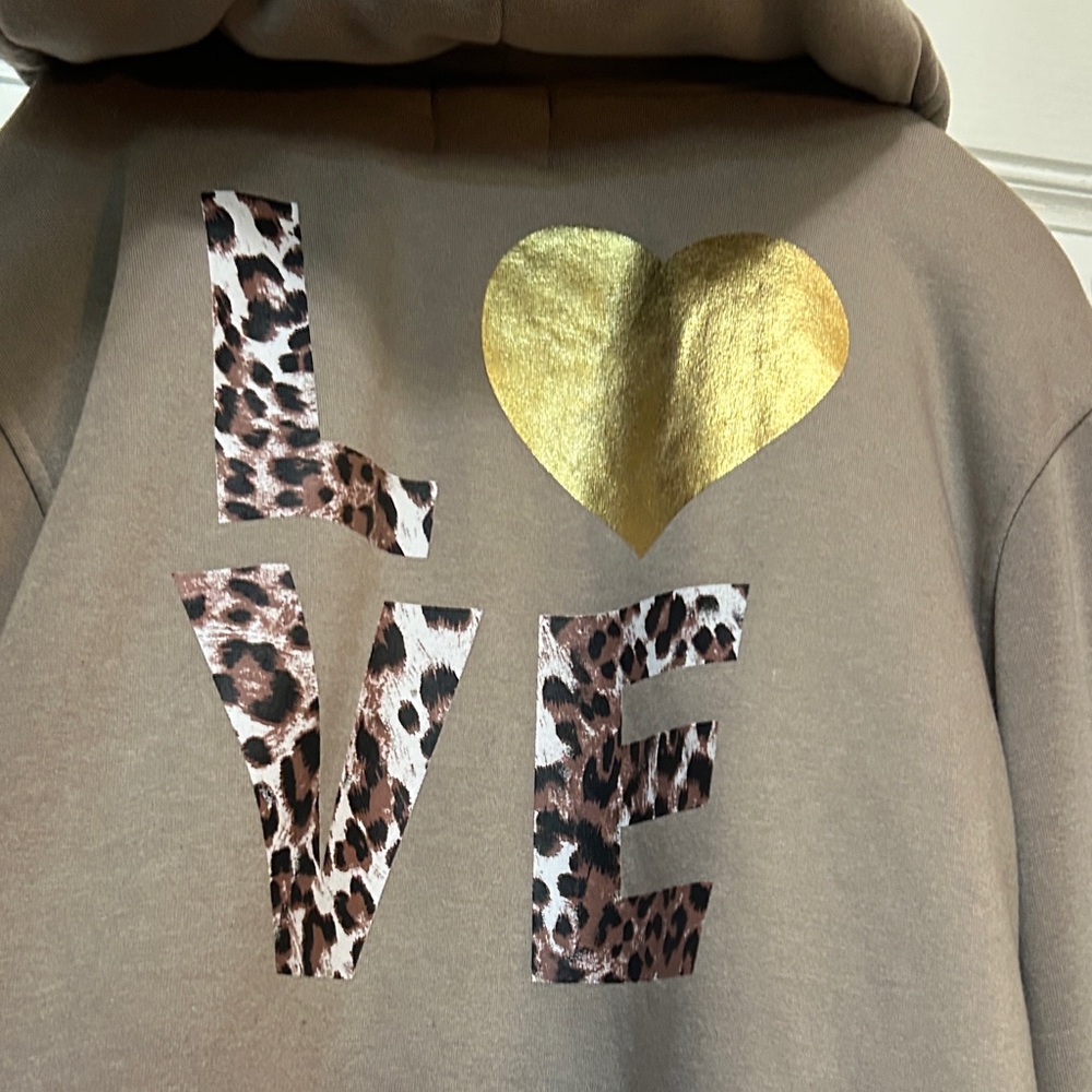 Leopard Print Faux Fur Lined Full Zip Hoodie Featuring LOVE Graphics Size L - Picture 6 of 10
